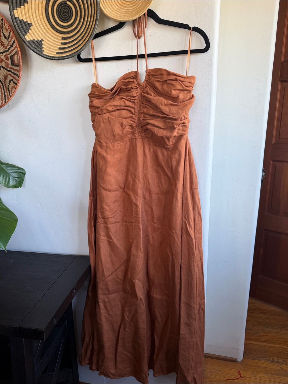 DISSH Rust Linen Backless Ruched Maxi Dress